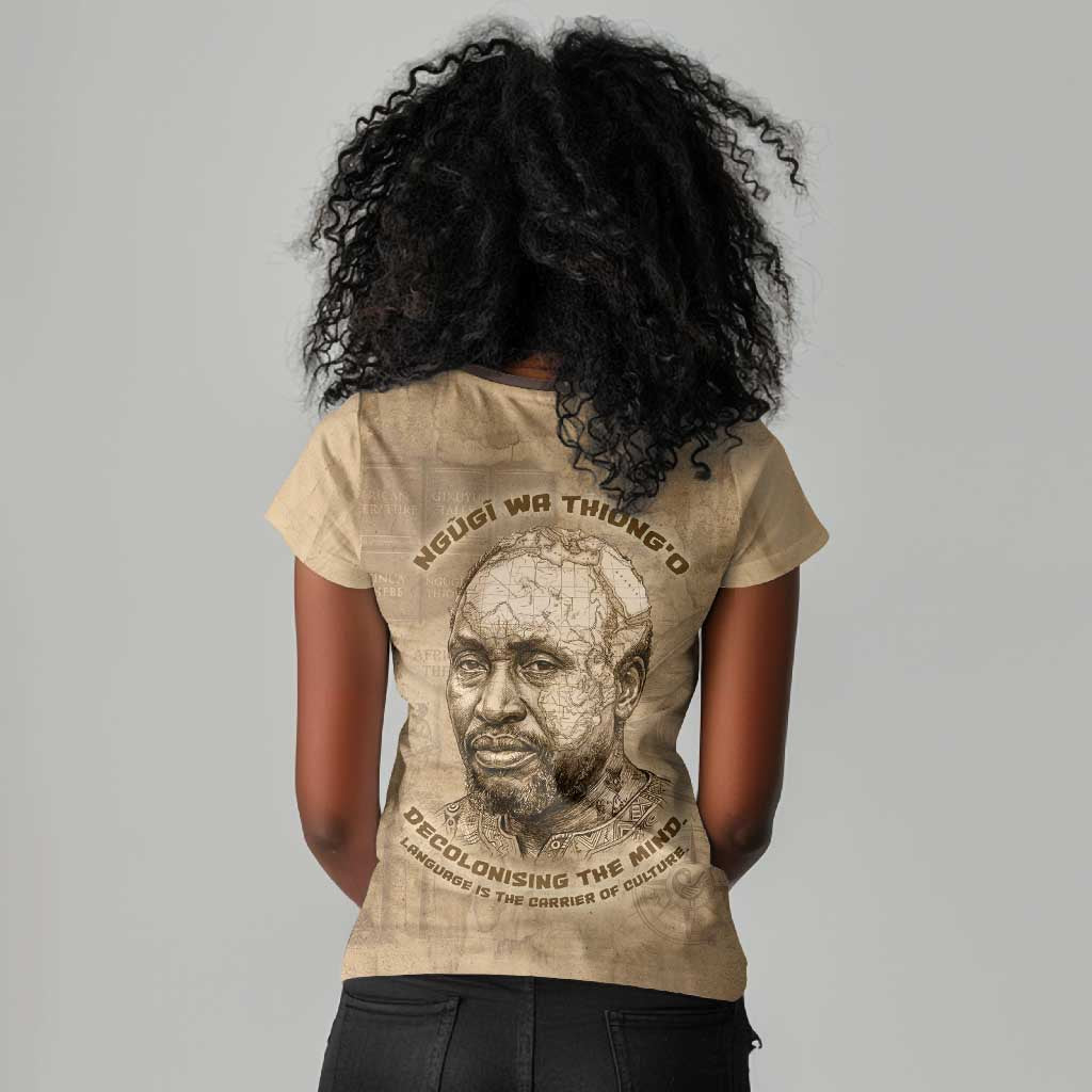Ngugi wa Thiong O Women V-Neck T-Shirt Vintage Map Ancient African Library - Decolonising the Mind - African Pride