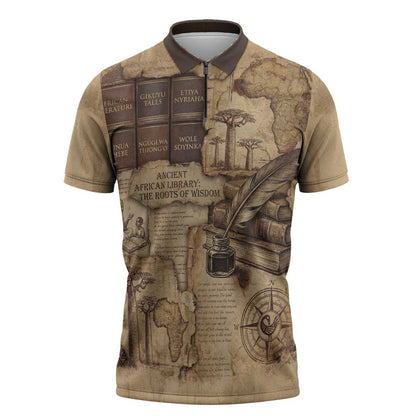Ngugi wa Thiong O Zipper Polo Shirt Vintage Map Ancient African Library - Decolonising the Mind - African Pride