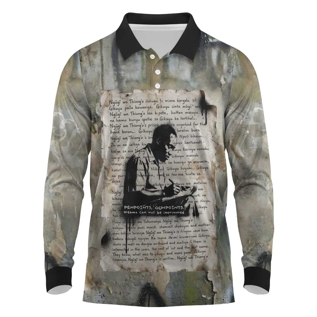 Ngugi wa Thiong O Long Sleeve Polo Shirt Graffiti Resist Statement Ink Pen Revolution Fist Literary Activism - African Pride