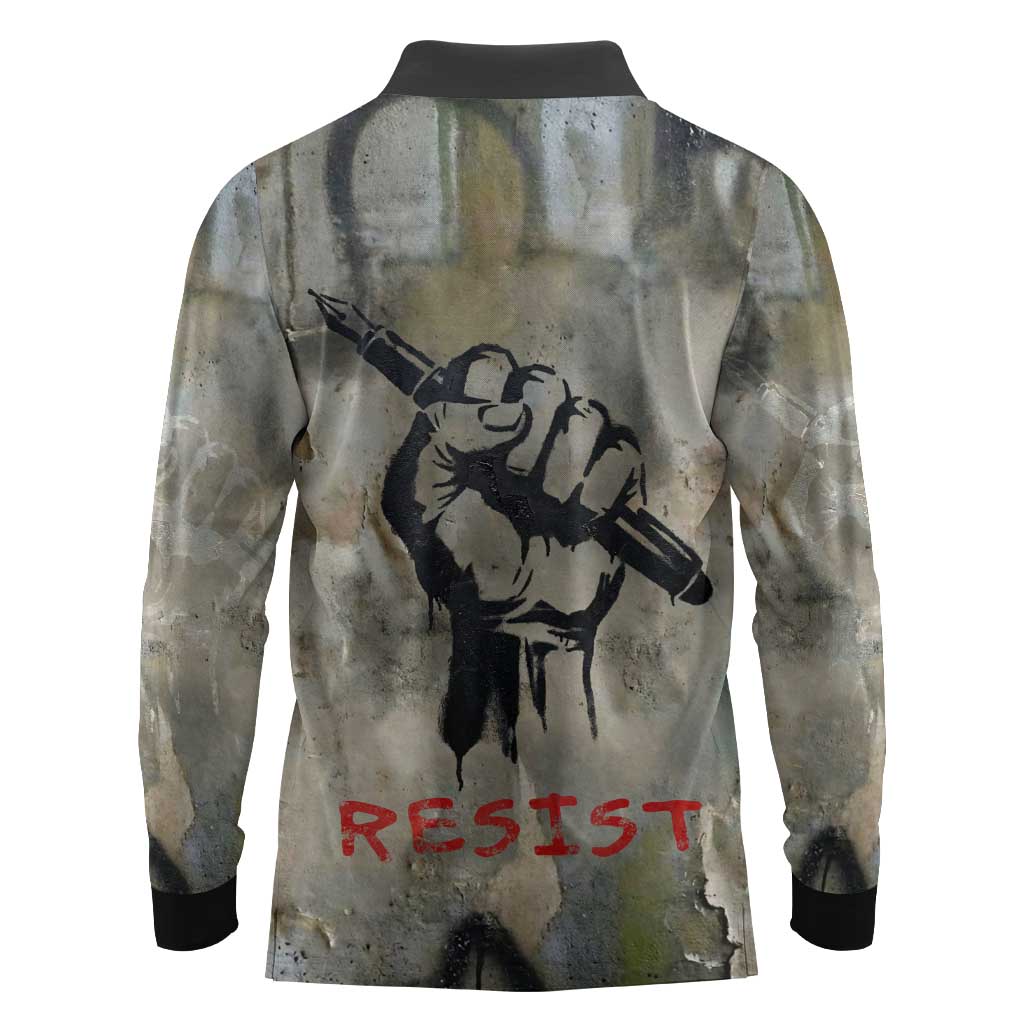 Ngugi wa Thiong O Long Sleeve Polo Shirt Graffiti Resist Statement Ink Pen Revolution Fist Literary Activism - African Pride