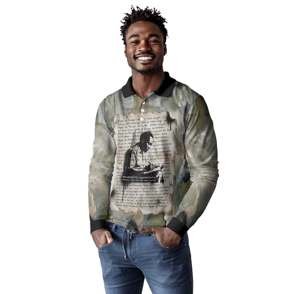 Ngugi wa Thiong O Long Sleeve Polo Shirt Graffiti Resist Statement Ink Pen Revolution Fist Literary Activism - African Pride