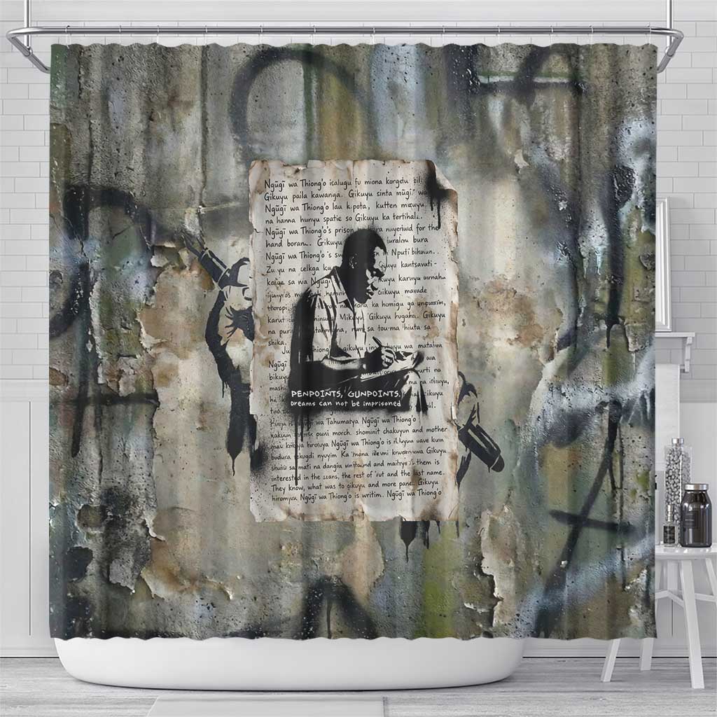 Ngugi wa Thiong O Shower Curtain Graffiti Resist Statement Ink Pen Revolution Fist Literary Activism - African Pride