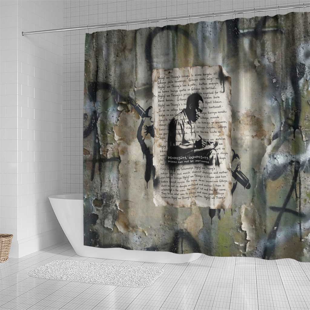 Ngugi wa Thiong O Shower Curtain Graffiti Resist Statement Ink Pen Revolution Fist Literary Activism - African Pride