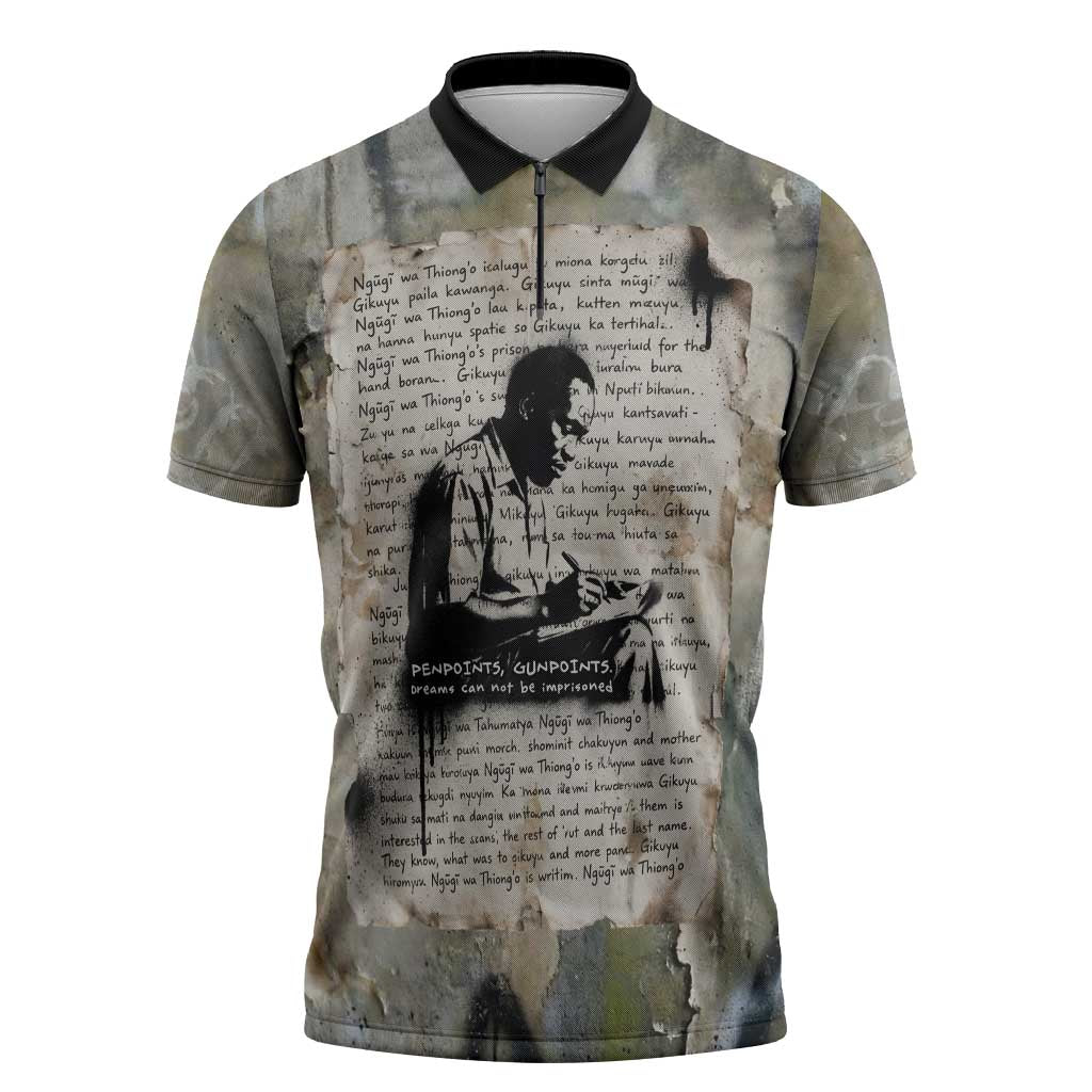 Ngugi wa Thiong O Zipper Polo Shirt Graffiti Resist Statement Ink Pen Revolution Fist Literary Activism - African Pride