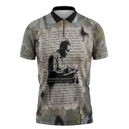 Ngugi wa Thiong O Zipper Polo Shirt Graffiti Resist Statement Ink Pen Revolution Fist Literary Activism - African Pride