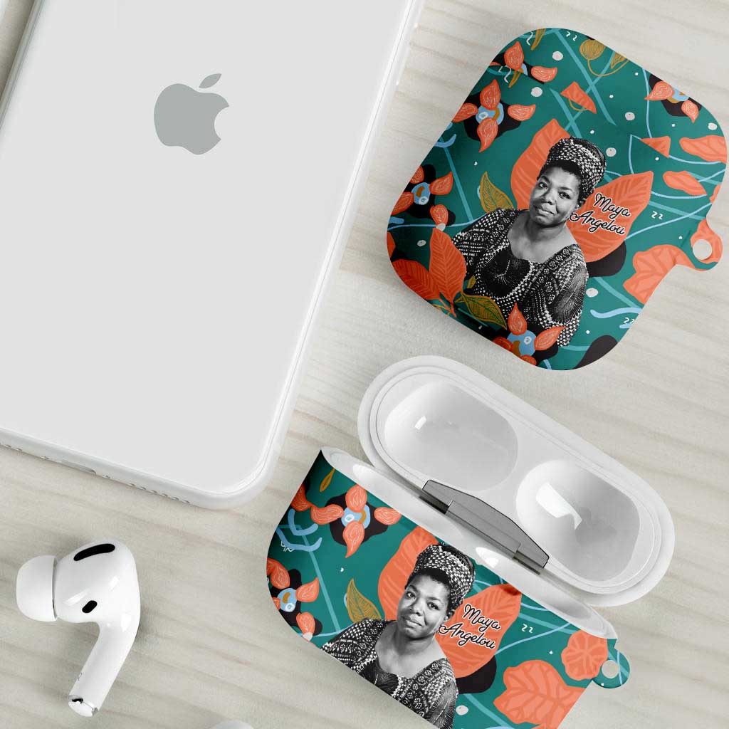 Maya Angelou AirPods Case Inspirational Quote Design Vibrant Teal and Orange Leaf Motif - African Pride