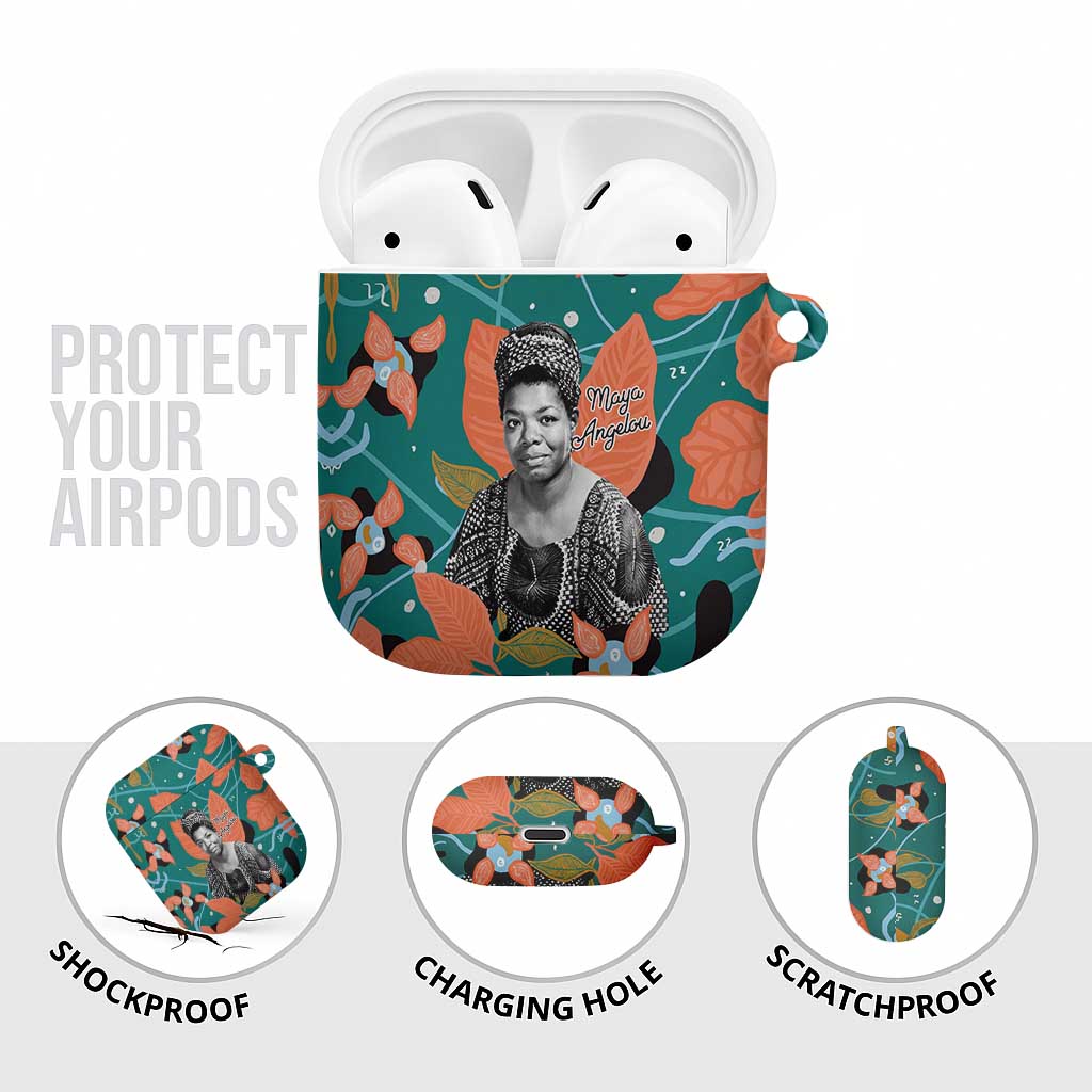 Maya Angelou AirPods Case Inspirational Quote Design Vibrant Teal and Orange Leaf Motif - African Pride