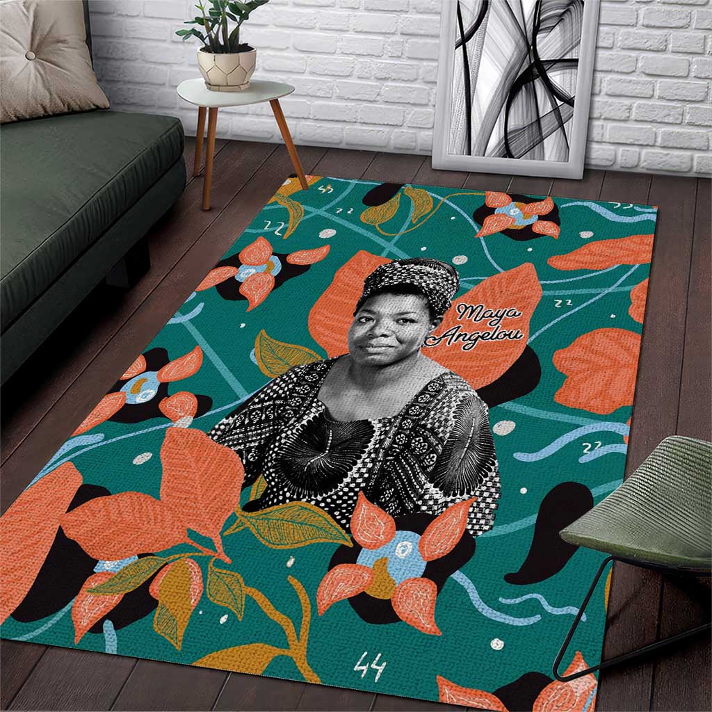 Maya Angelou Area Rug Inspirational Quote Design Vibrant Teal and Orange Leaf Motif - African Pride