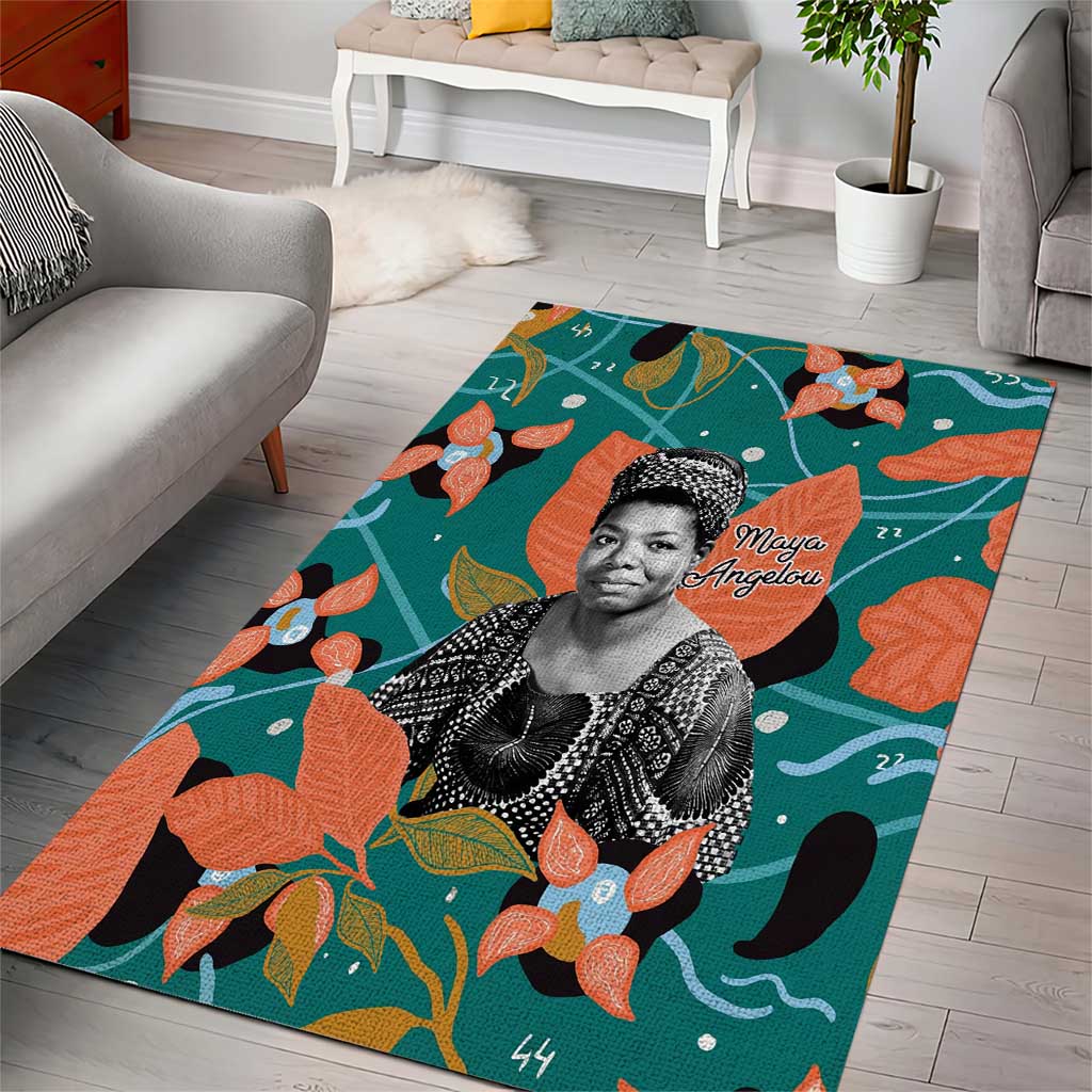 Maya Angelou Area Rug Inspirational Quote Design Vibrant Teal and Orange Leaf Motif - African Pride