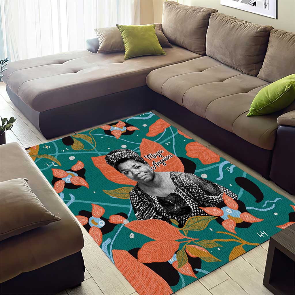 Maya Angelou Area Rug Inspirational Quote Design Vibrant Teal and Orange Leaf Motif - African Pride