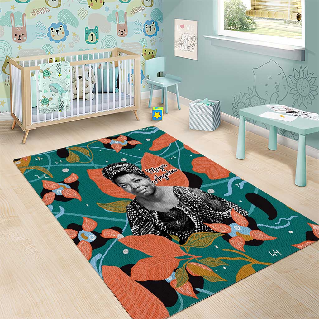 Maya Angelou Area Rug Inspirational Quote Design Vibrant Teal and Orange Leaf Motif - African Pride