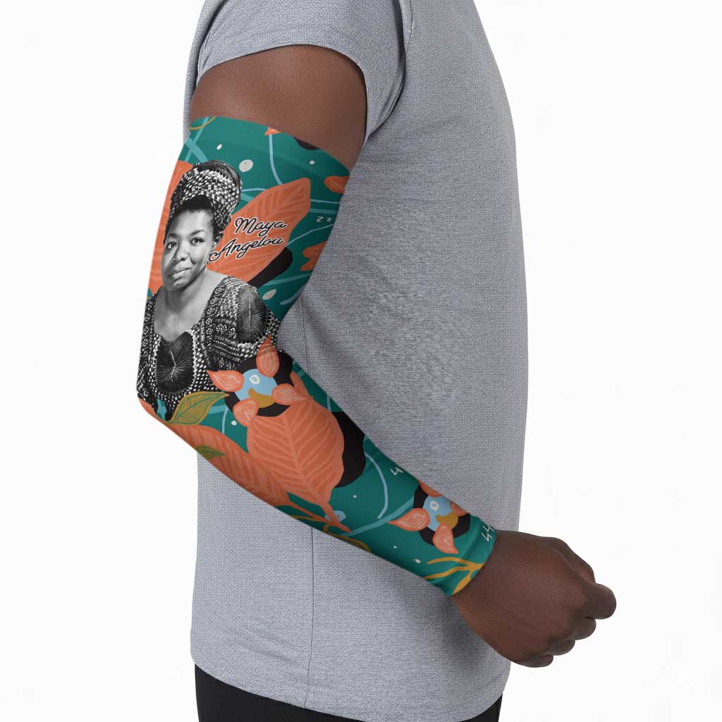 Maya Angelou Arm Sleeves Inspirational Quote Design Vibrant Teal and Orange Leaf Motif - African Pride