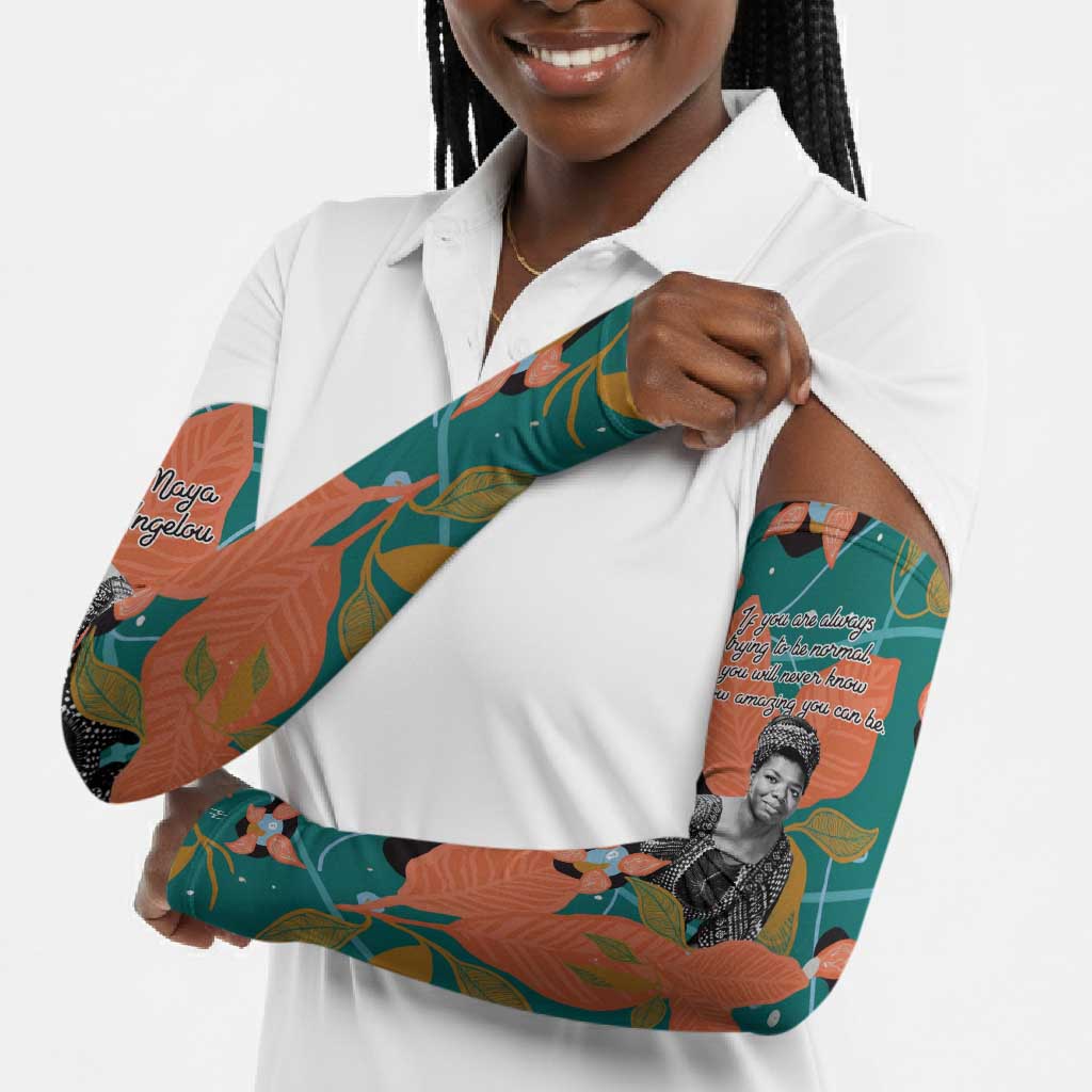 Maya Angelou Arm Sleeves Inspirational Quote Design Vibrant Teal and Orange Leaf Motif - African Pride
