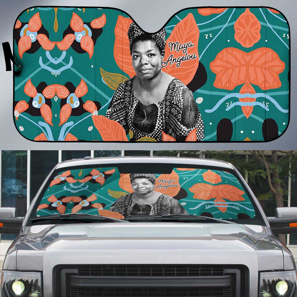 Maya Angelou Auto Sun Shade Inspirational Quote Design Vibrant Teal and Orange Leaf Motif - African Pride