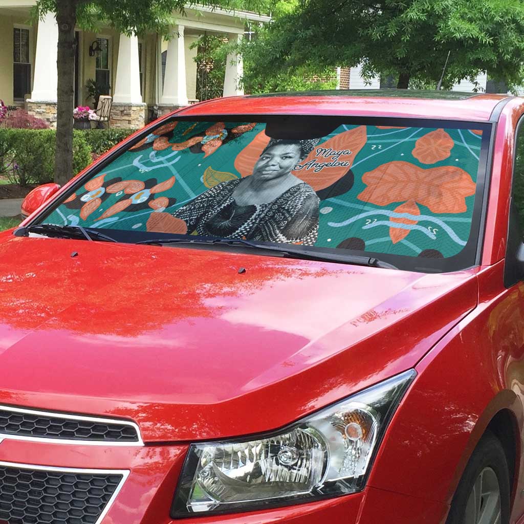 Maya Angelou Auto Sun Shade Inspirational Quote Design Vibrant Teal and Orange Leaf Motif - African Pride