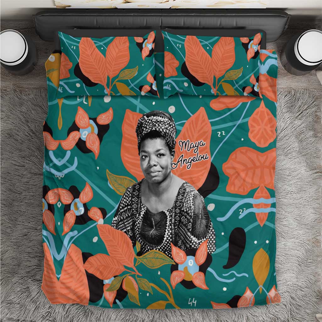 Maya Angelou Bedding Set Inspirational Quote Design Vibrant Teal and Orange Leaf Motif - African Pride