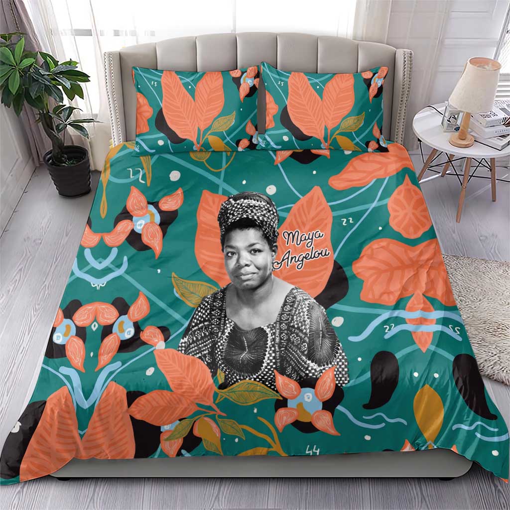 Maya Angelou Bedding Set Inspirational Quote Design Vibrant Teal and Orange Leaf Motif - African Pride