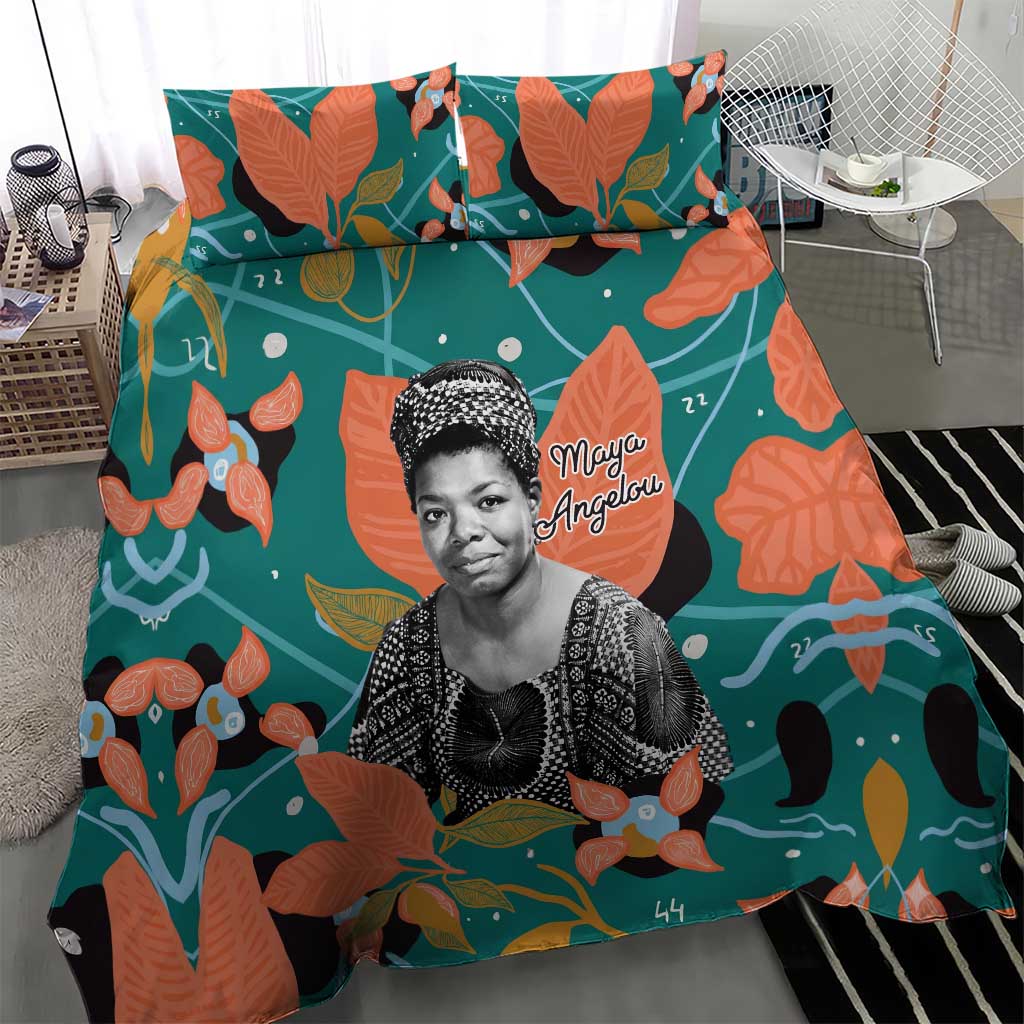 Maya Angelou Bedding Set Inspirational Quote Design Vibrant Teal and Orange Leaf Motif - African Pride