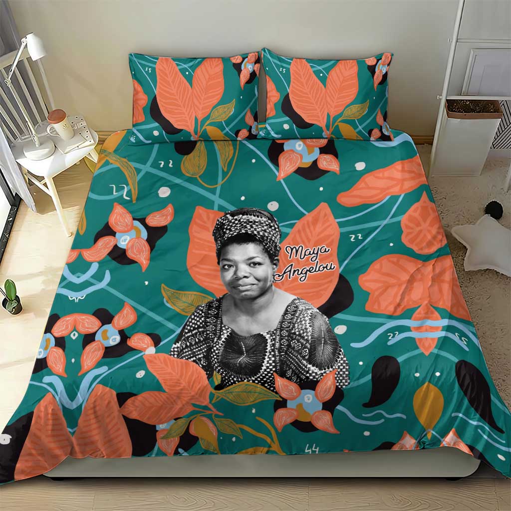 Maya Angelou Bedding Set Inspirational Quote Design Vibrant Teal and Orange Leaf Motif - African Pride