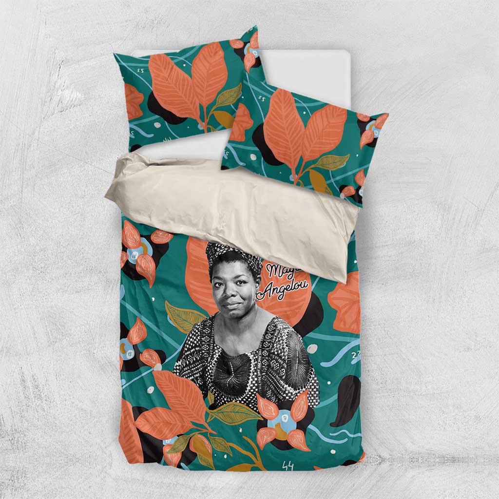 Maya Angelou Bedding Set Inspirational Quote Design Vibrant Teal and Orange Leaf Motif - African Pride