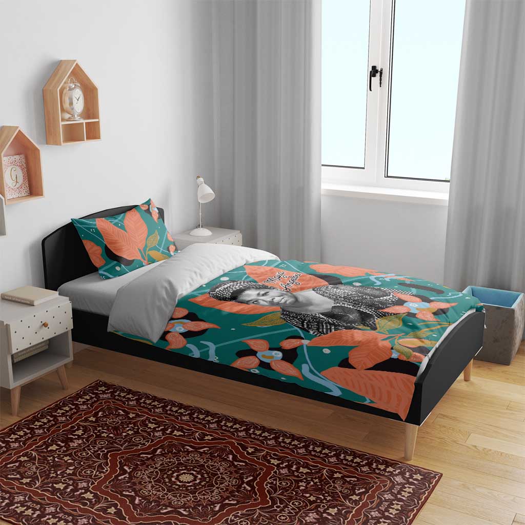 Maya Angelou Bedding Set Inspirational Quote Design Vibrant Teal and Orange Leaf Motif - African Pride
