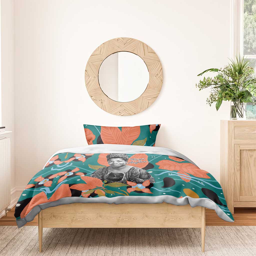 Maya Angelou Bedding Set Inspirational Quote Design Vibrant Teal and Orange Leaf Motif - African Pride