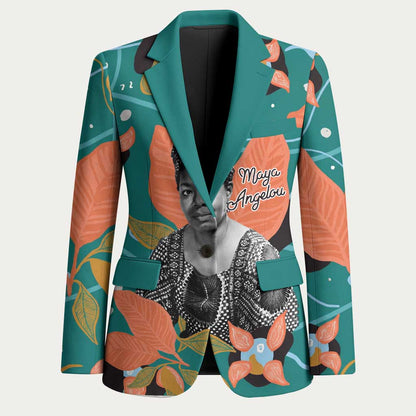 Maya Angelou Blazer Inspirational Quote Design Vibrant Teal and Orange Leaf Motif - African Pride