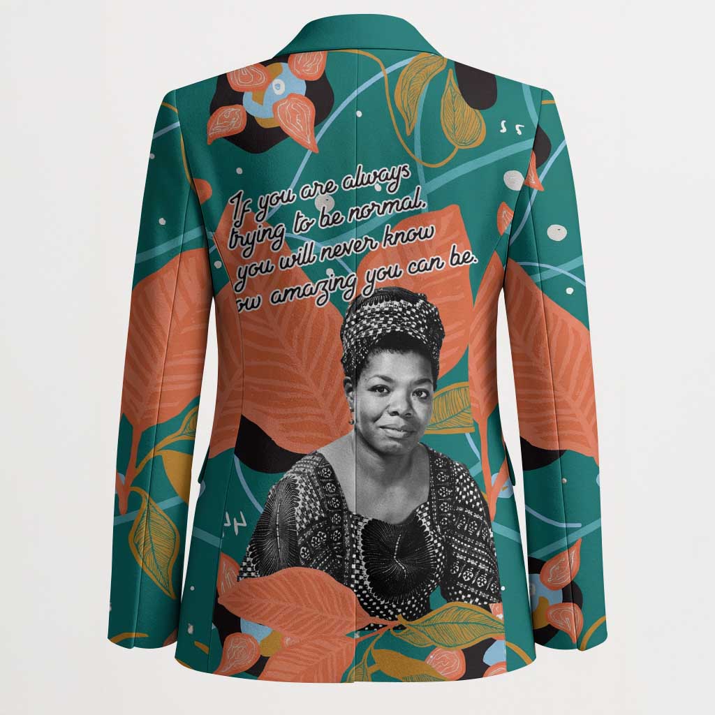 Maya Angelou Blazer Inspirational Quote Design Vibrant Teal and Orange Leaf Motif - African Pride