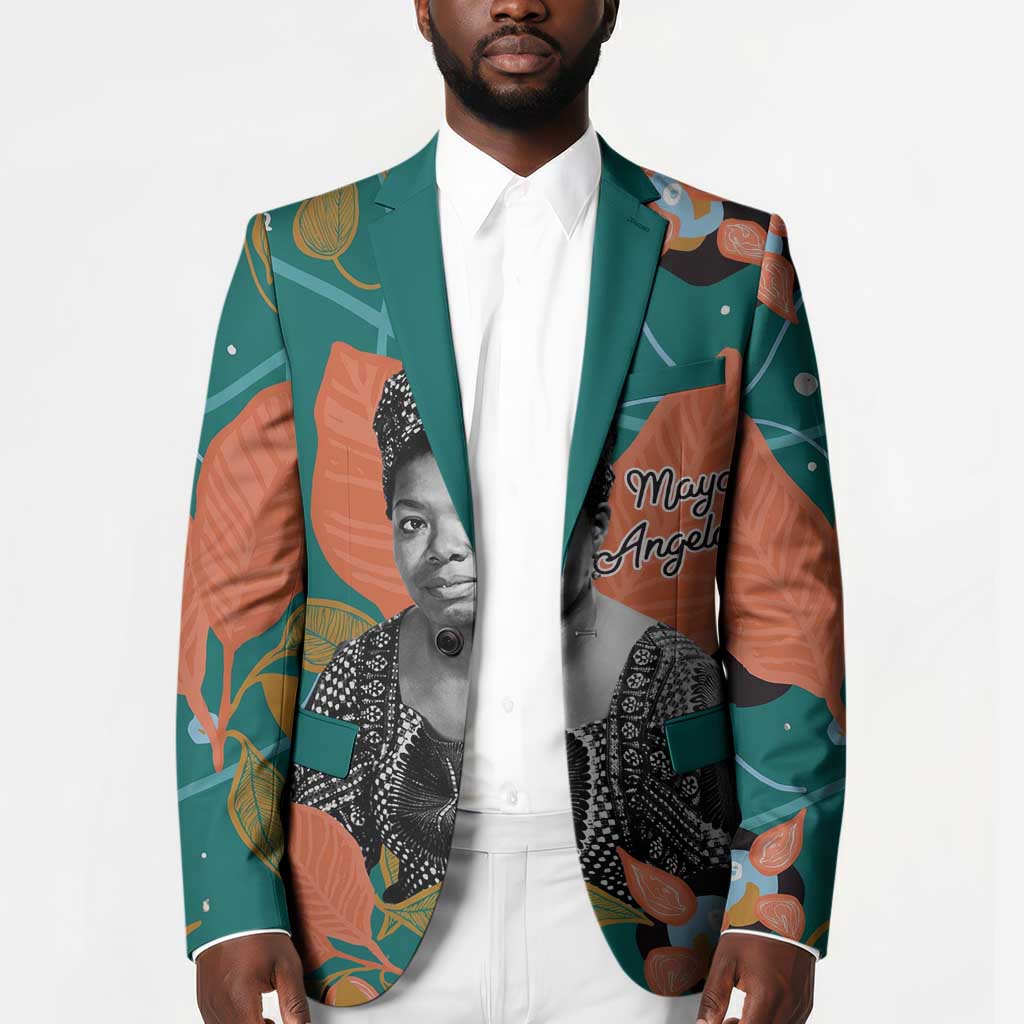 Maya Angelou Blazer Inspirational Quote Design Vibrant Teal and Orange Leaf Motif - African Pride