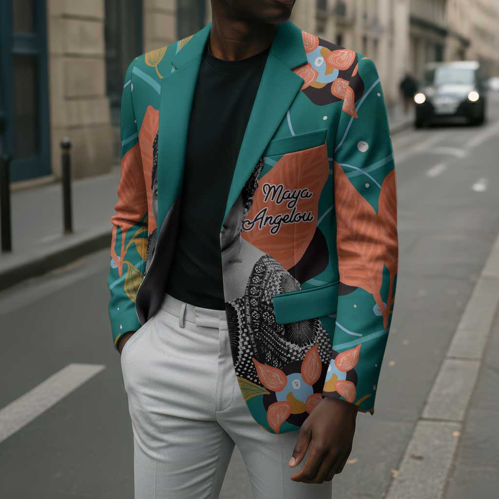 Maya Angelou Blazer Inspirational Quote Design Vibrant Teal and Orange Leaf Motif - African Pride