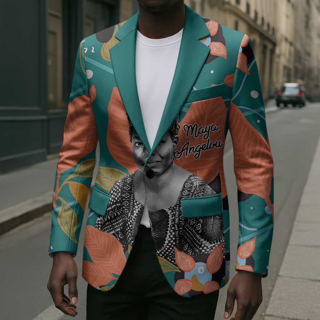 Maya Angelou Blazer Inspirational Quote Design Vibrant Teal and Orange Leaf Motif - African Pride