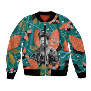 Maya Angelou Bomber Jacket Inspirational Quote Design Vibrant Teal and Orange Leaf Motif - African Pride
