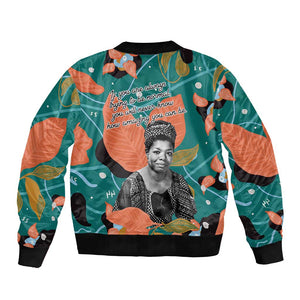 Maya Angelou Bomber Jacket Inspirational Quote Design Vibrant Teal and Orange Leaf Motif - African Pride