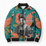 Maya Angelou Bomber Puffer Jacket Inspirational Quote Design Vibrant Teal and Orange Leaf Motif - African Pride