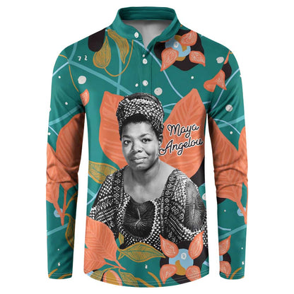 Maya Angelou Button Sweatshirt Inspirational Quote Design Vibrant Teal and Orange Leaf Motif