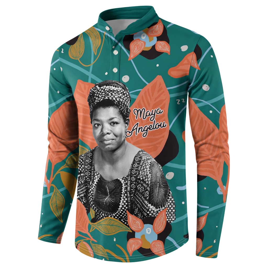 Maya Angelou Button Sweatshirt Inspirational Quote Design Vibrant Teal and Orange Leaf Motif