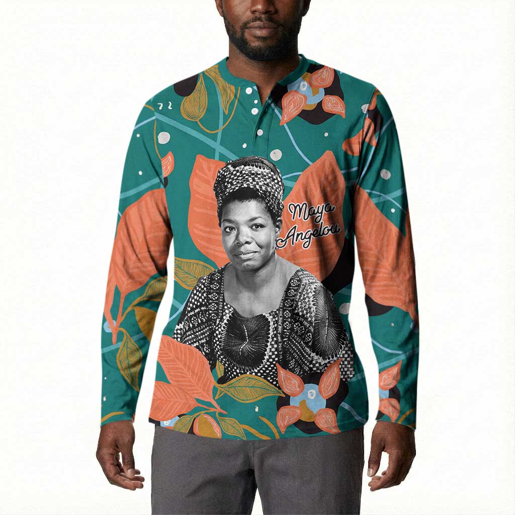 Maya Angelou Button Sweatshirt Inspirational Quote Design Vibrant Teal and Orange Leaf Motif