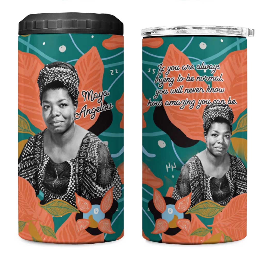 Maya Angelou 4 in 1 Can Cooler Tumbler Inspirational Quote Design Vibrant Teal and Orange Leaf Motif - African Pride