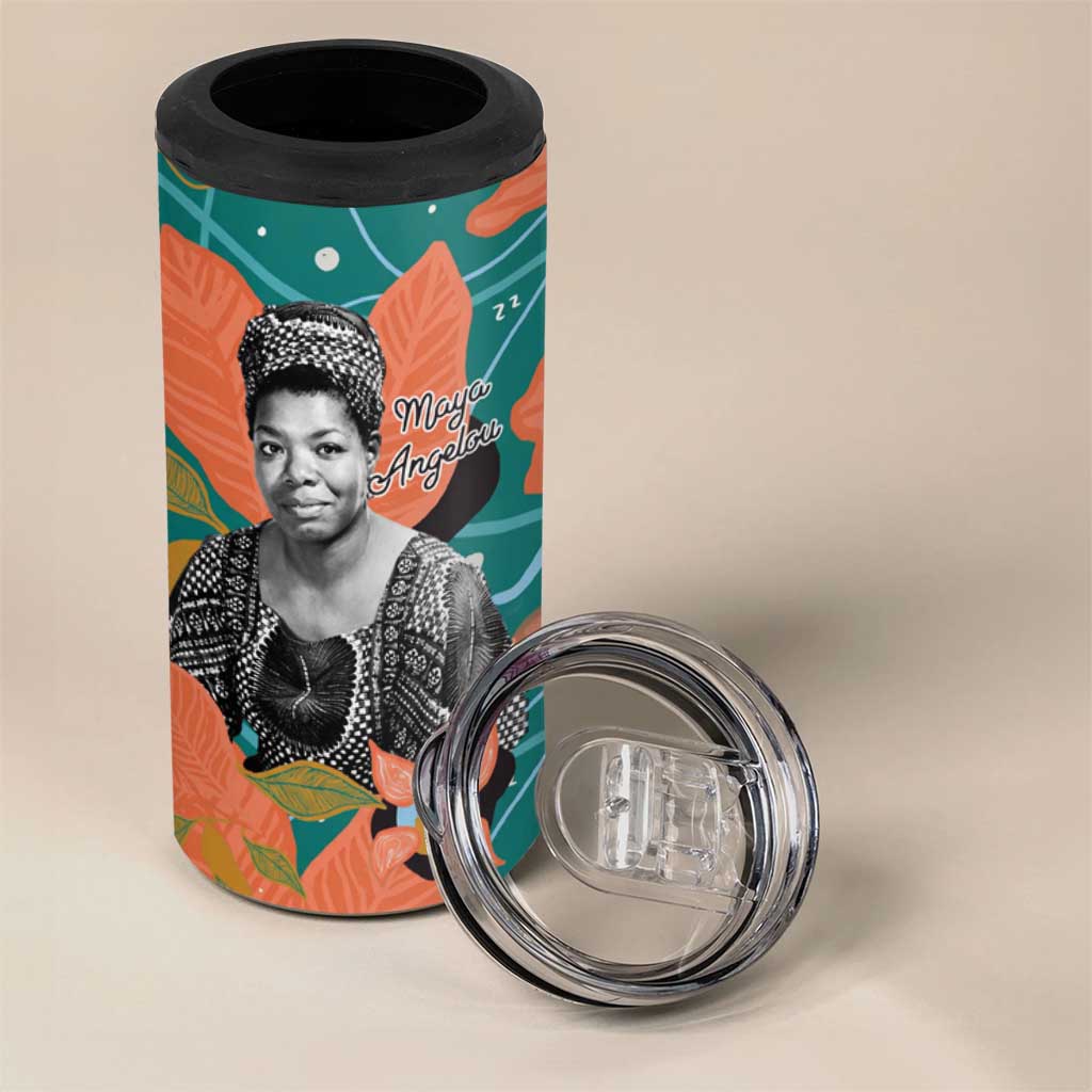 Maya Angelou 4 in 1 Can Cooler Tumbler Inspirational Quote Design Vibrant Teal and Orange Leaf Motif - African Pride