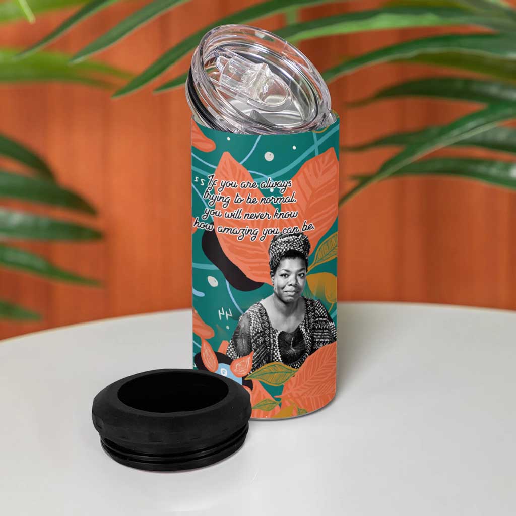 Maya Angelou 4 in 1 Can Cooler Tumbler Inspirational Quote Design Vibrant Teal and Orange Leaf Motif - African Pride