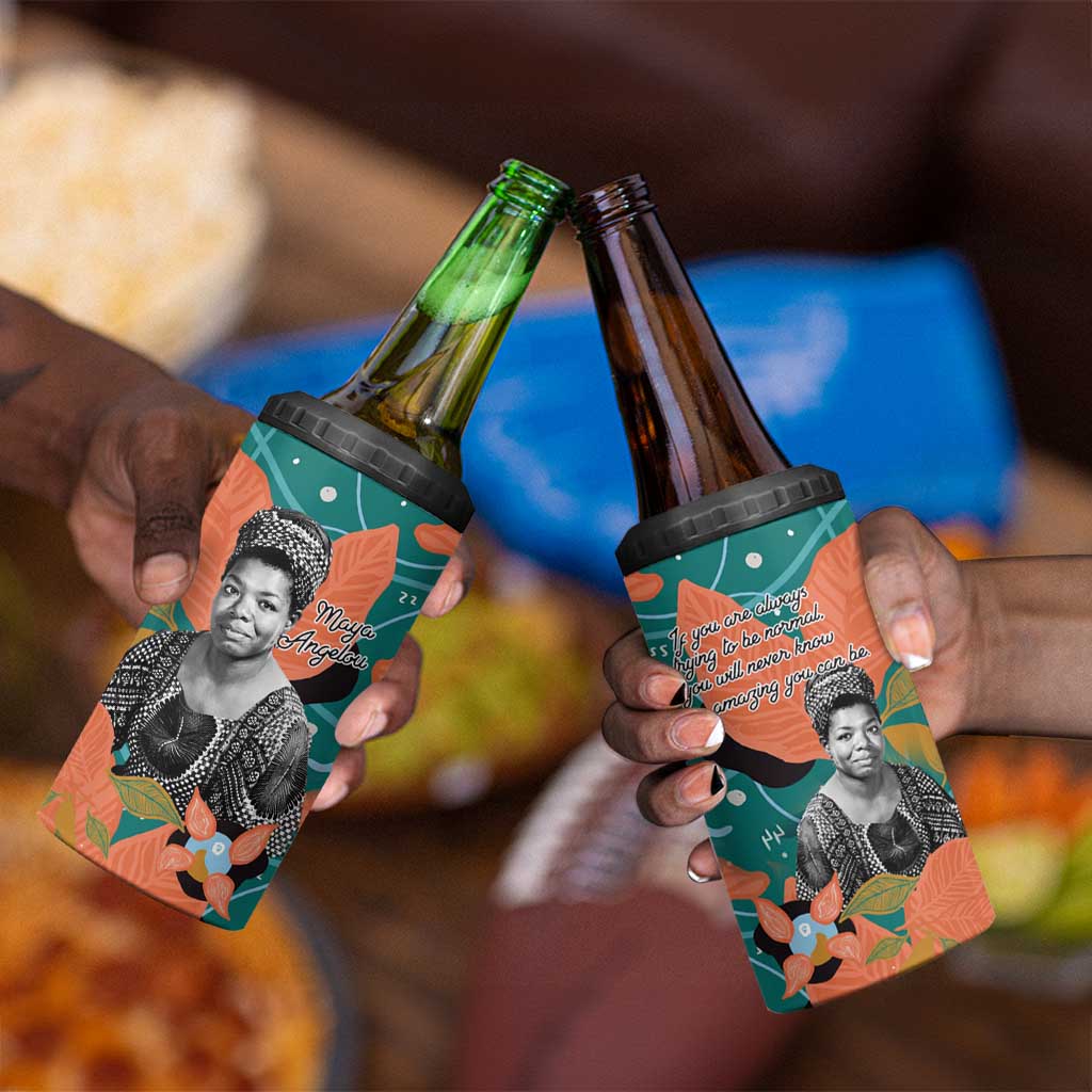 Maya Angelou 4 in 1 Can Cooler Tumbler Inspirational Quote Design Vibrant Teal and Orange Leaf Motif - African Pride