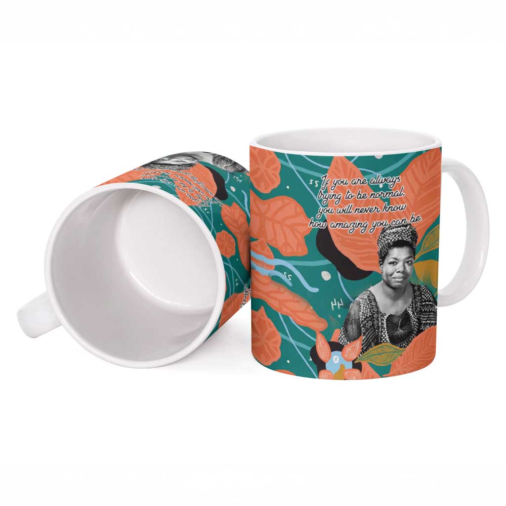 Maya Angelou Ceramic Mug Inspirational Quote Design Vibrant Teal and Orange Leaf Motif - African Pride