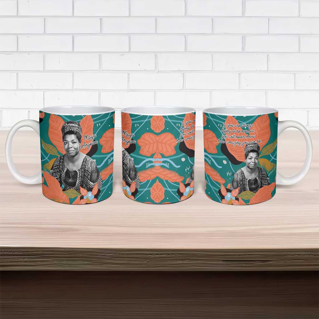 Maya Angelou Ceramic Mug Inspirational Quote Design Vibrant Teal and Orange Leaf Motif - African Pride