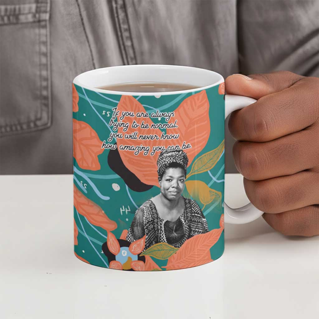 Maya Angelou Ceramic Mug Inspirational Quote Design Vibrant Teal and Orange Leaf Motif - African Pride