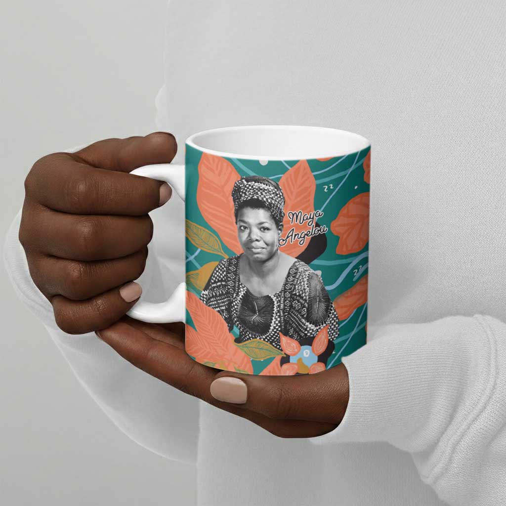 Maya Angelou Ceramic Mug Inspirational Quote Design Vibrant Teal and Orange Leaf Motif - African Pride
