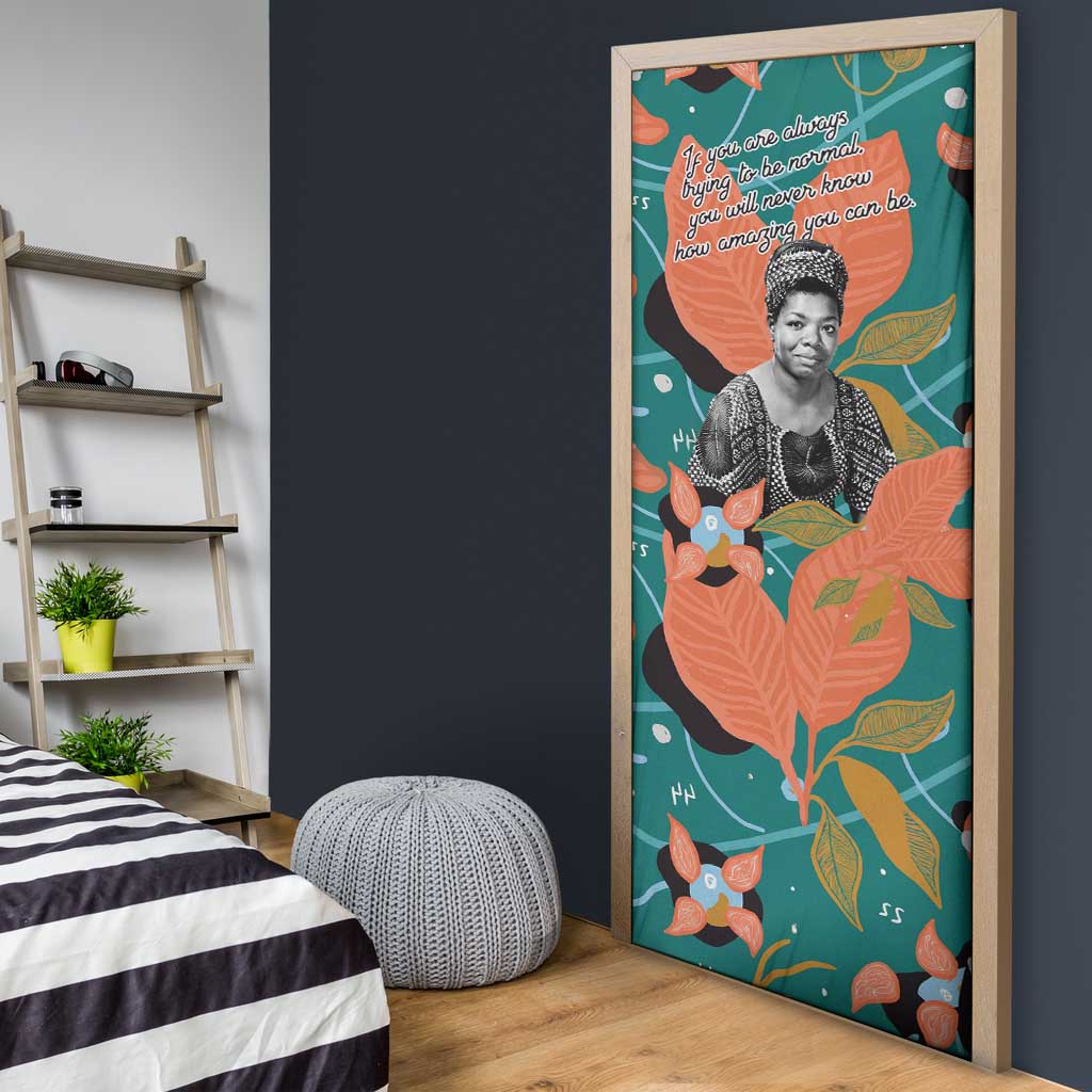 Maya Angelou Door Cover Inspirational Quote Design Vibrant Teal and Orange Leaf Motif - African Pride
