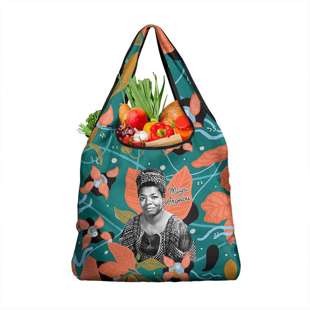 Maya Angelou Grocery Bag Inspirational Quote Design Vibrant Teal and Orange Leaf Motif - African Pride