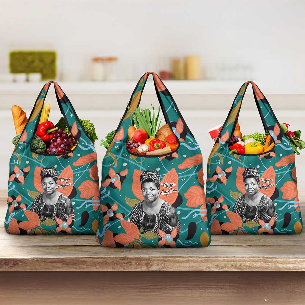 Maya Angelou Grocery Bag Inspirational Quote Design Vibrant Teal and Orange Leaf Motif - African Pride