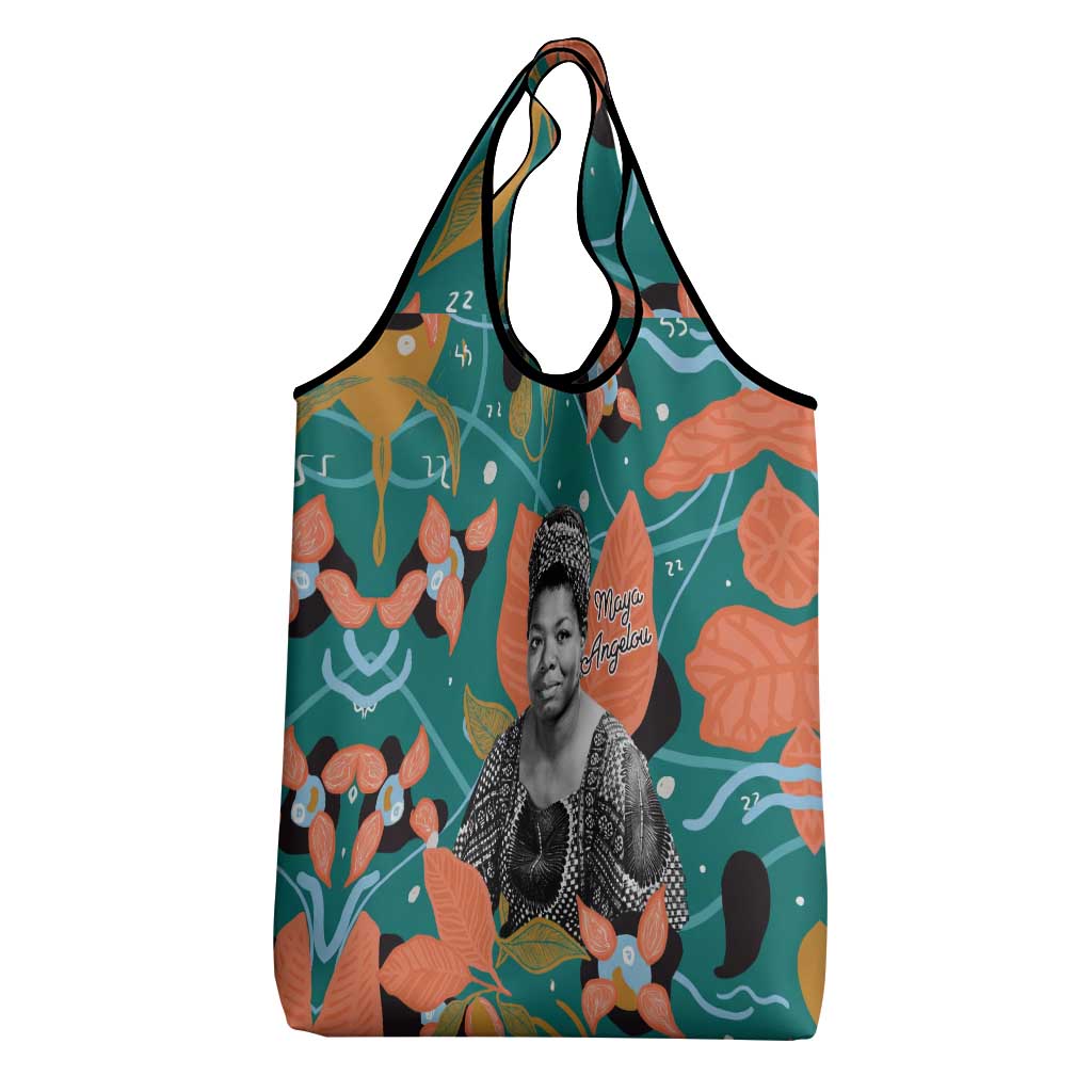 Maya Angelou Grocery Bag Inspirational Quote Design Vibrant Teal and Orange Leaf Motif - African Pride