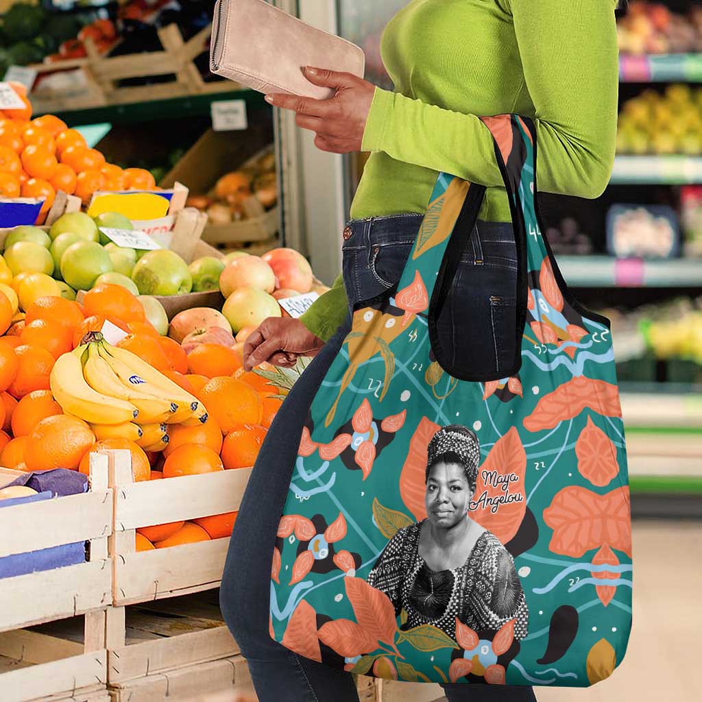 Maya Angelou Grocery Bag Inspirational Quote Design Vibrant Teal and Orange Leaf Motif - African Pride
